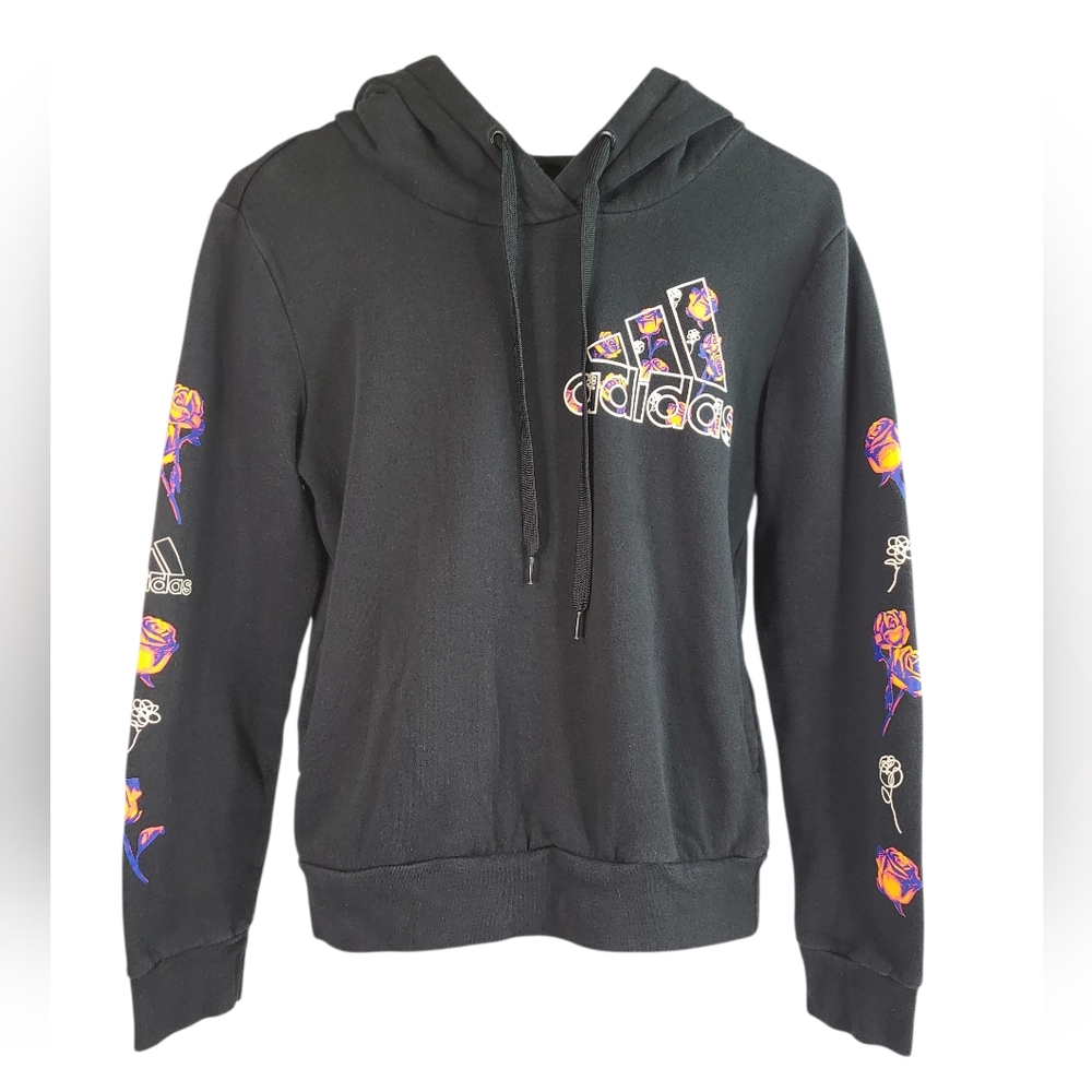 Adidas Black Sweater with Vibrant Floral Design Size XS.